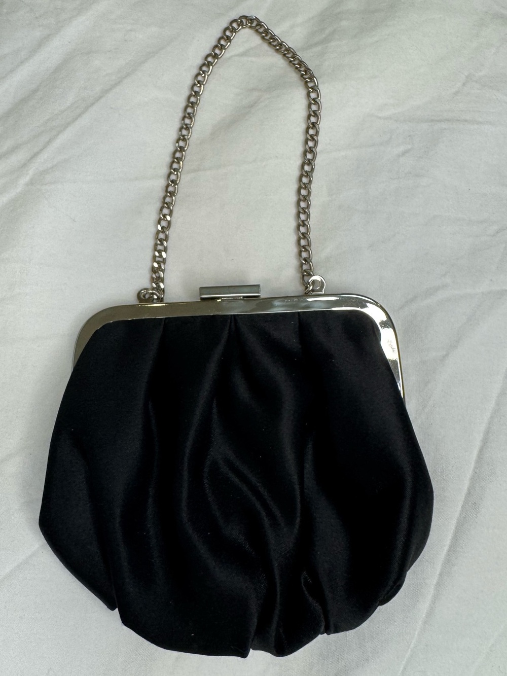 White House Black Market Black Satin Mini Evening Clutch with Silver Chain